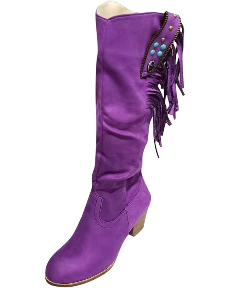 Womens Boots Zipper BootsPointy High Chunky Mid Knee Slouchy Heel Women's Side Over The Knew Boots for Women Purple $24.81 Boots