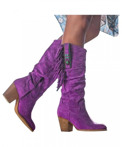 Womens Boots Zipper BootsPointy High Chunky Mid Knee Slouchy Heel Women's Side Over The Knew Boots for Women Purple $24.81 Boots