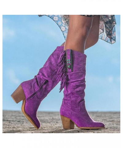 Womens Boots Zipper BootsPointy High Chunky Mid Knee Slouchy Heel Women's Side Over The Knew Boots for Women Purple $24.81 Boots