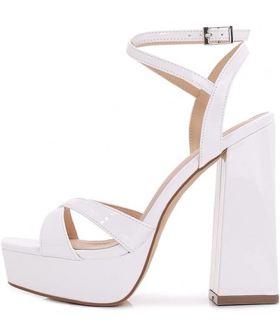 Women Square Toe Platform Chunky High Heels Retro Polished Strappy Party Prom Evening Dress Sandals White $19.59 Sandals