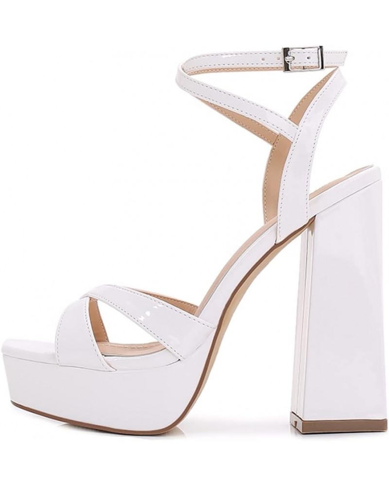 Women Square Toe Platform Chunky High Heels Retro Polished Strappy Party Prom Evening Dress Sandals White $19.59 Sandals