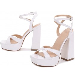 Women Square Toe Platform Chunky High Heels Retro Polished Strappy Party Prom Evening Dress Sandals White $19.59 Sandals