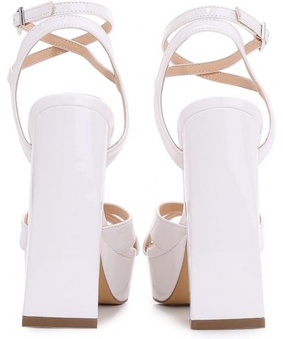 Women Square Toe Platform Chunky High Heels Retro Polished Strappy Party Prom Evening Dress Sandals White $19.59 Sandals