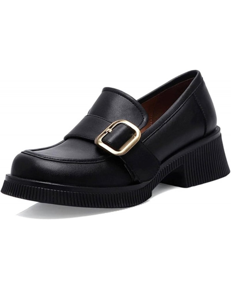 Women's Leather Loafers Fashion Mixed Color Big Buckle Round Toe 33 Heise $37.18 Loafers & Slip-Ons