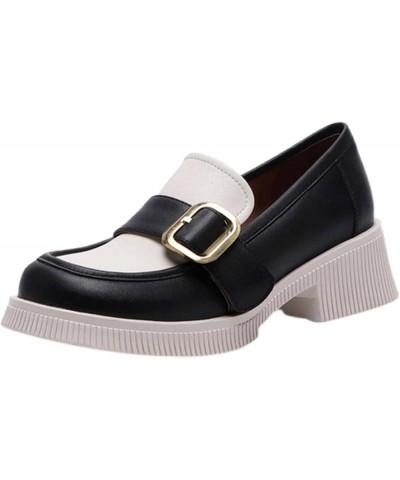 Women's Leather Loafers Fashion Mixed Color Big Buckle Round Toe 33 Heise $37.18 Loafers & Slip-Ons