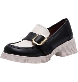 Women's Leather Loafers Fashion Mixed Color Big Buckle Round Toe 33 Heise $37.18 Loafers & Slip-Ons