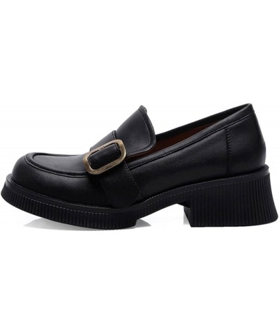 Women's Leather Loafers Fashion Mixed Color Big Buckle Round Toe 33 Heise $37.18 Loafers & Slip-Ons