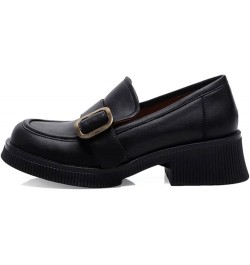 Women's Leather Loafers Fashion Mixed Color Big Buckle Round Toe 33 Heise $37.18 Loafers & Slip-Ons