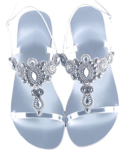 Women Boho Tribe Retro Sandals Rhinestone Peep Toe Summer Shoes Soft Beach Slipper 14 Silver $27.26 Sandals