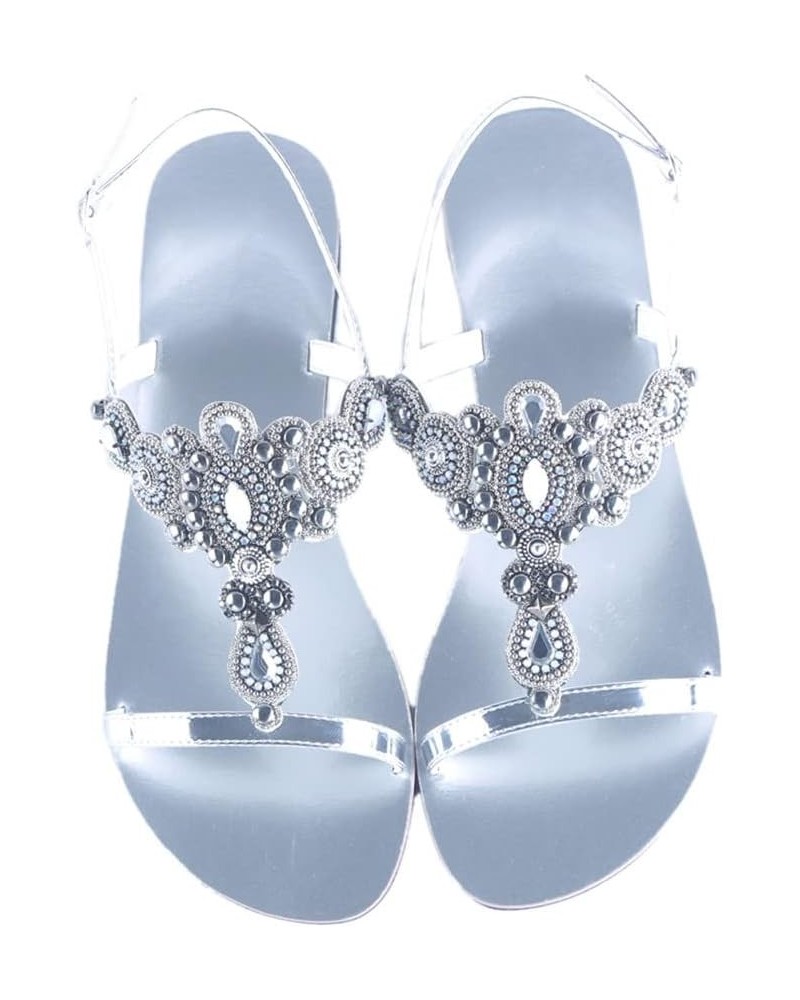 Women Boho Tribe Retro Sandals Rhinestone Peep Toe Summer Shoes Soft Beach Slipper 14 Silver $27.26 Sandals