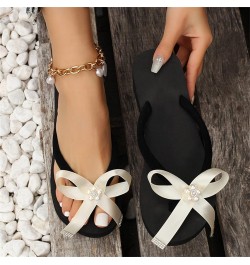 Sandals for Women Dressy Summer,Womens Pearl Bow Slip On Clip Toe T Strap Flat Slippers Bridal Bling Sandals Beige $11.33 San...