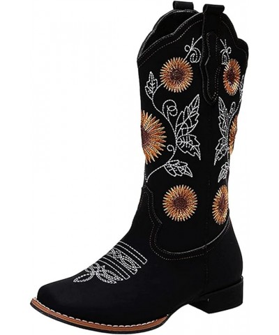 Cowboy Boots For Women Wide Calf Wide Foot Western Cowgirl Boots Knee High Embroidered Chunky Heel Fashion Boot Zl-black $17....