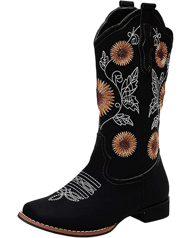 Cowboy Boots For Women Wide Calf Wide Foot Western Cowgirl Boots Knee High Embroidered Chunky Heel Fashion Boot Zl-black $17....