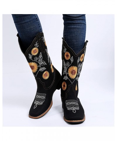 Cowboy Boots For Women Wide Calf Wide Foot Western Cowgirl Boots Knee High Embroidered Chunky Heel Fashion Boot Zl-black $17....