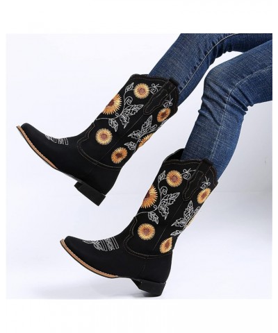 Cowboy Boots For Women Wide Calf Wide Foot Western Cowgirl Boots Knee High Embroidered Chunky Heel Fashion Boot Zl-black $17....