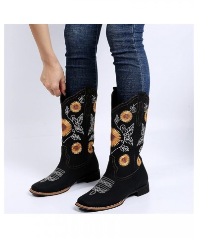 Cowboy Boots For Women Wide Calf Wide Foot Western Cowgirl Boots Knee High Embroidered Chunky Heel Fashion Boot Zl-black $17....