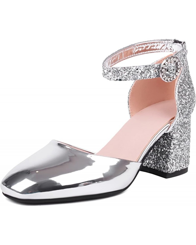 Bride Closed Toe Block Heel Wedding Sandals Sequins Silver 1 $36.70 Sandals