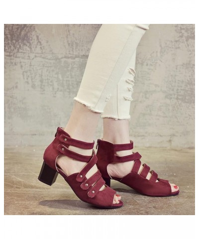 Women's Mid-Heel Sandals Slip-On Convenient Plus Size Sandals Open Toe Fabric Comfortable Ladies Shoes Wine Red $18.62 Sandals