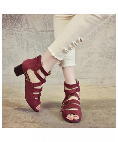 Women's Mid-Heel Sandals Slip-On Convenient Plus Size Sandals Open Toe Fabric Comfortable Ladies Shoes Wine Red $18.62 Sandals