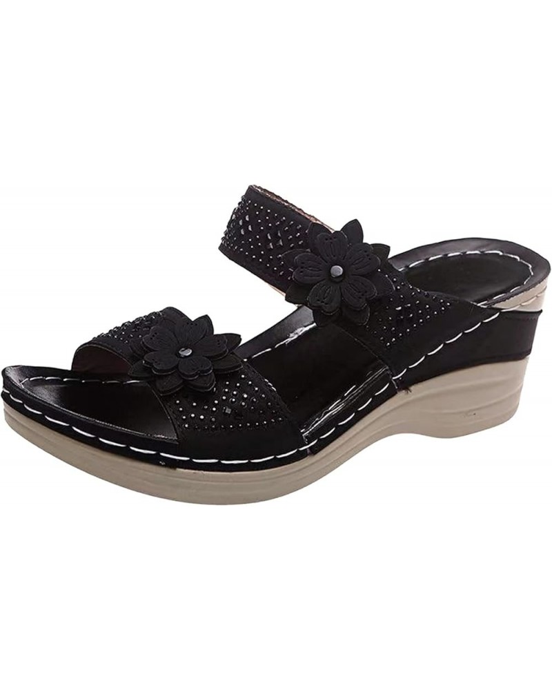 Sandals for Women Dressy Summer,Women's Crystal Floral Trim Open Toe Arch Support Flip Flops Wedge Platform Sandals Black $12...