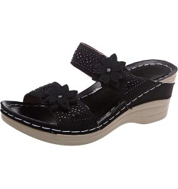 Sandals for Women Dressy Summer,Women's Crystal Floral Trim Open Toe Arch Support Flip Flops Wedge Platform Sandals Black $12...