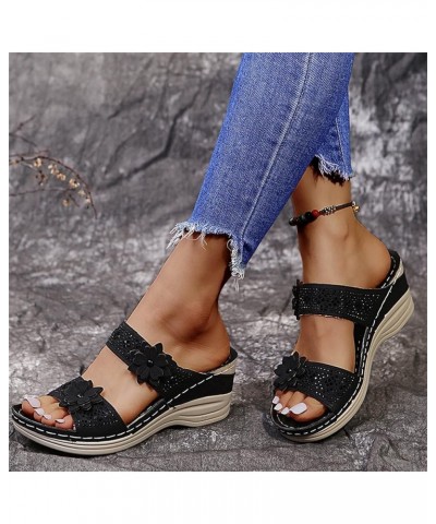 Sandals for Women Dressy Summer,Women's Crystal Floral Trim Open Toe Arch Support Flip Flops Wedge Platform Sandals Black $12...