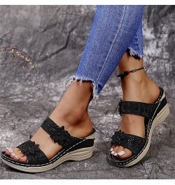 Sandals for Women Dressy Summer,Women's Crystal Floral Trim Open Toe Arch Support Flip Flops Wedge Platform Sandals Black $12...