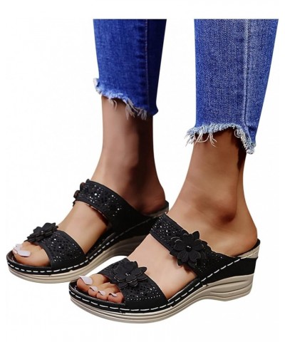 Sandals for Women Dressy Summer,Women's Crystal Floral Trim Open Toe Arch Support Flip Flops Wedge Platform Sandals Black $12...