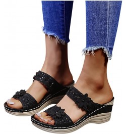 Sandals for Women Dressy Summer,Women's Crystal Floral Trim Open Toe Arch Support Flip Flops Wedge Platform Sandals Black $12...